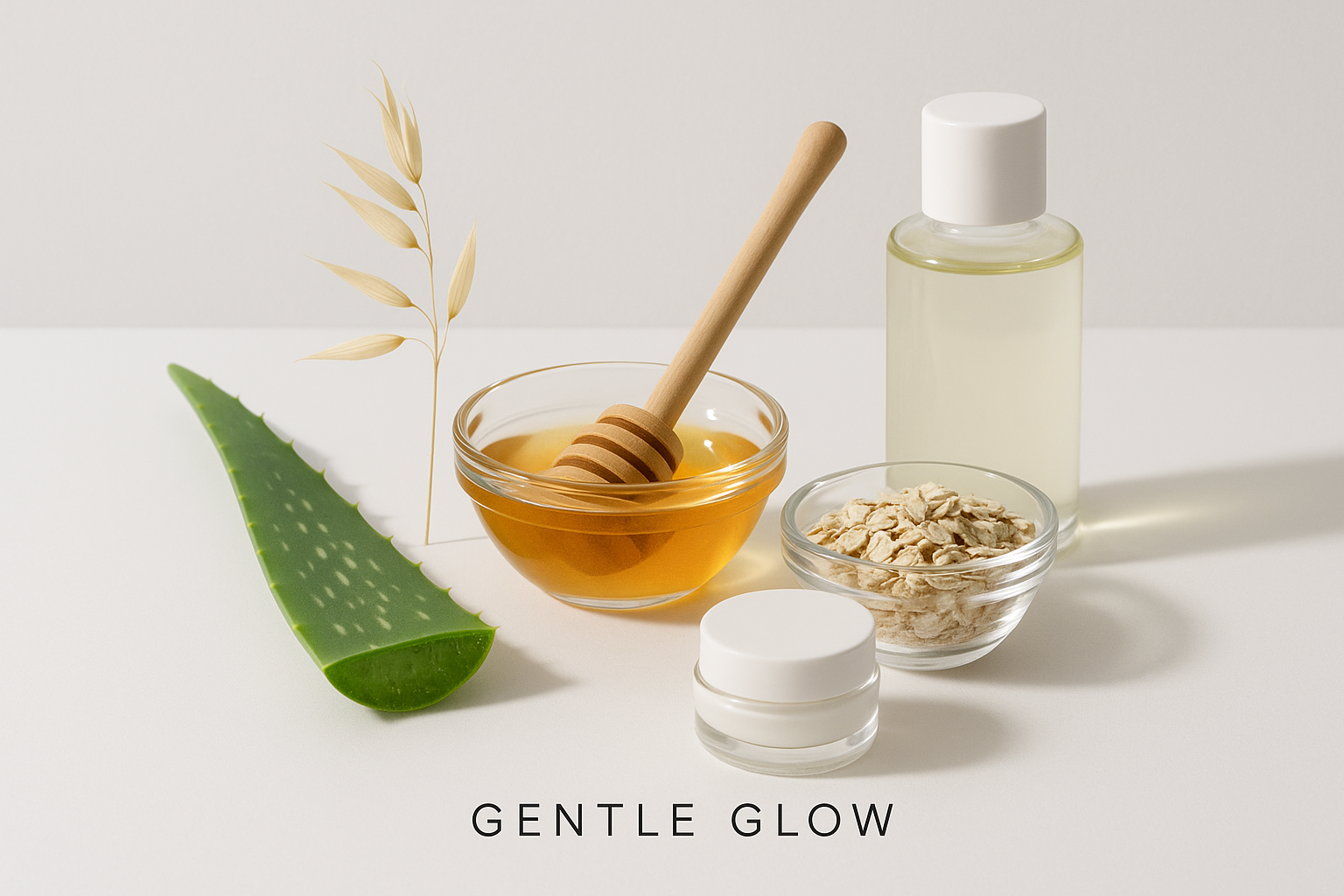 Simple natural skincare ingredients on white background