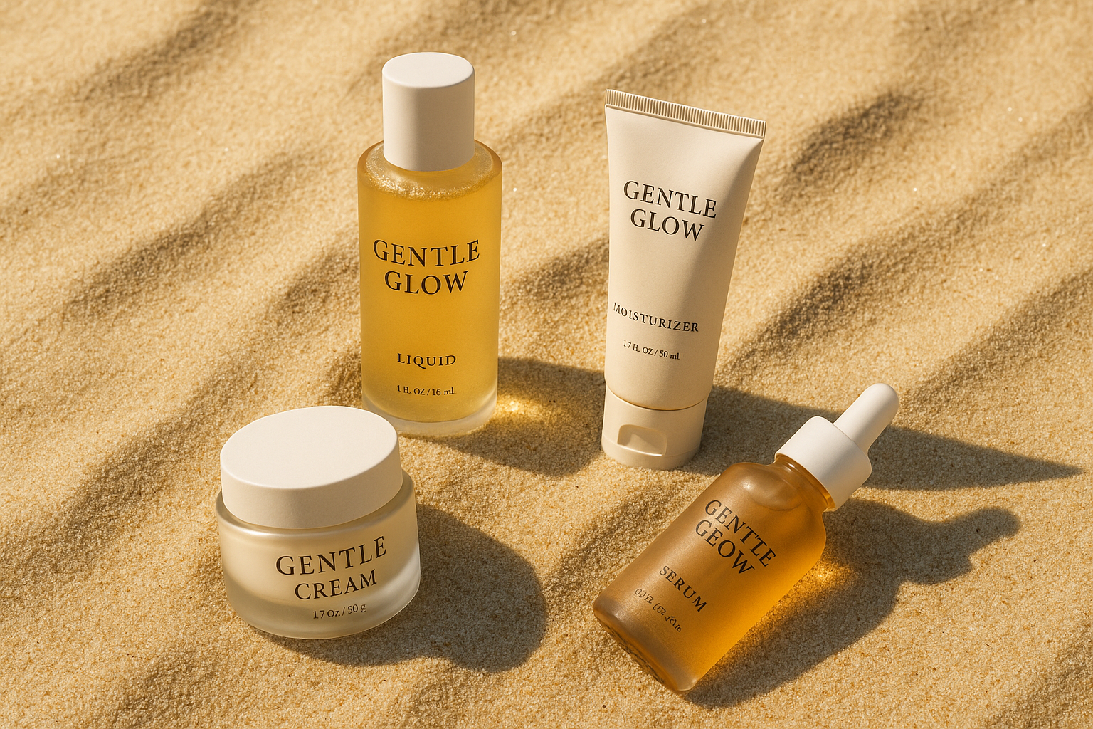 Skincare products positioned in the middle on beach sand